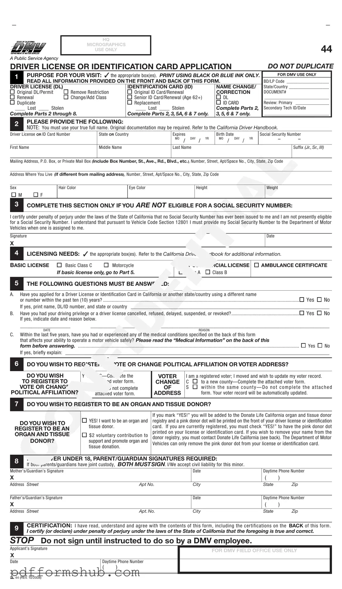 Fill in Your Ca Dmv Dl 44 Form