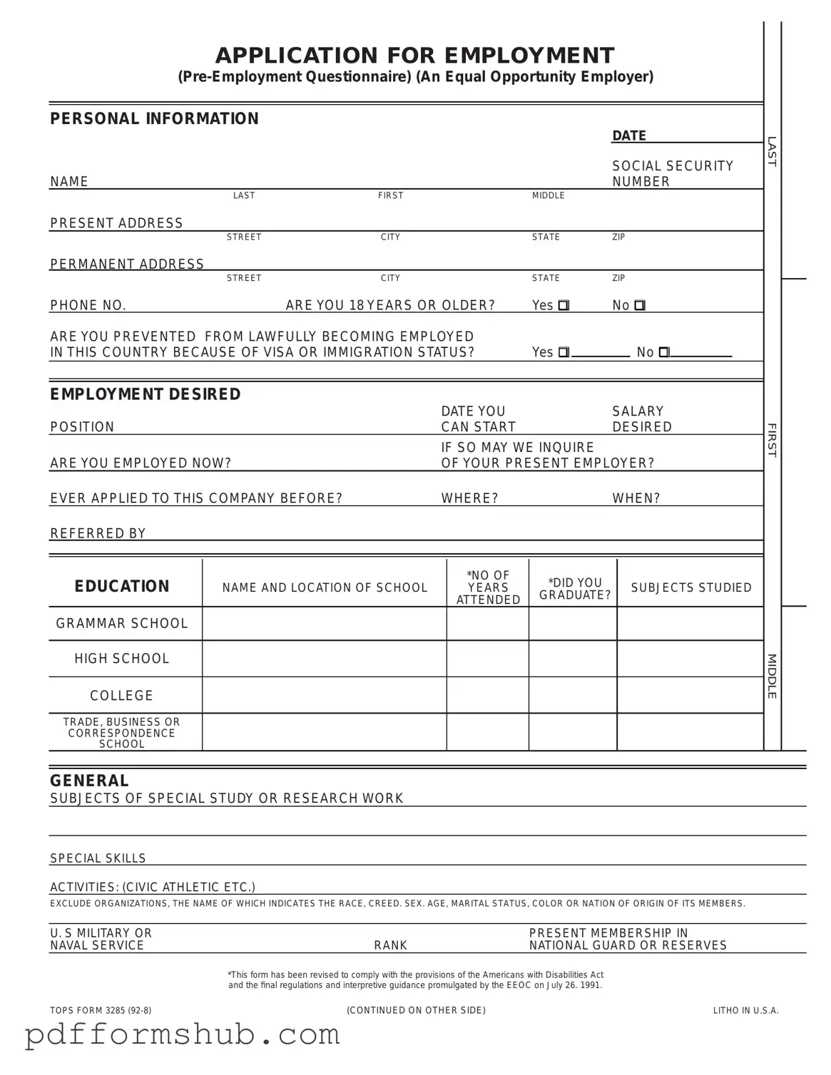Fill in Your Employment Application Pdf Form