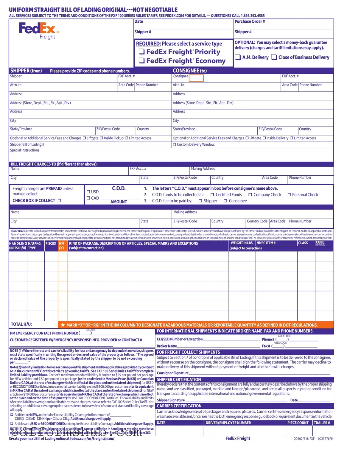 Fill in Your Fedex Bill Of Lading Form