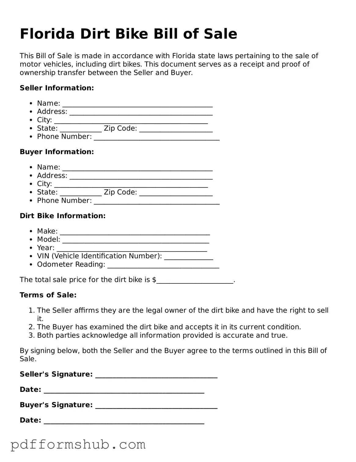 Attorney-Verified Dirt Bike Bill of Sale Form for Florida State