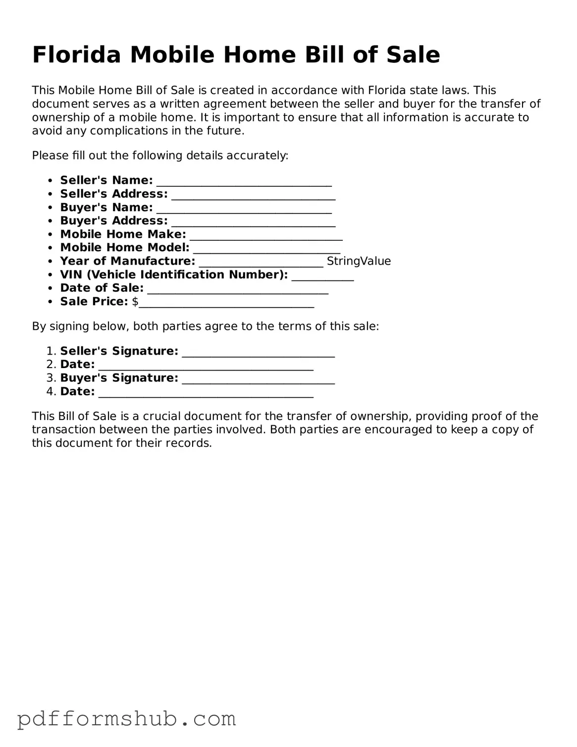 Attorney-Verified Mobile Home Bill of Sale Form for Florida State