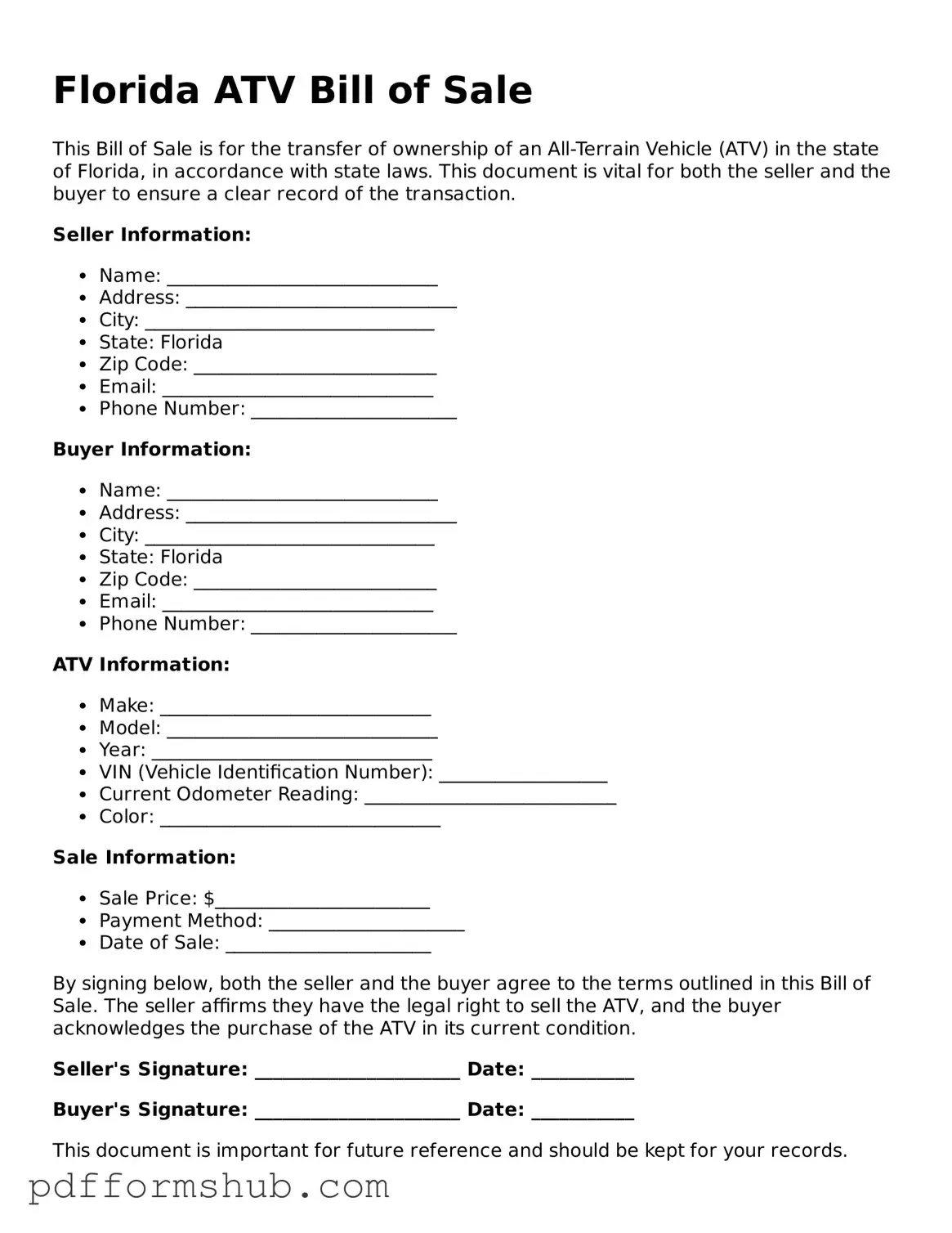 Attorney-Verified ATV Bill of Sale Form for Florida State