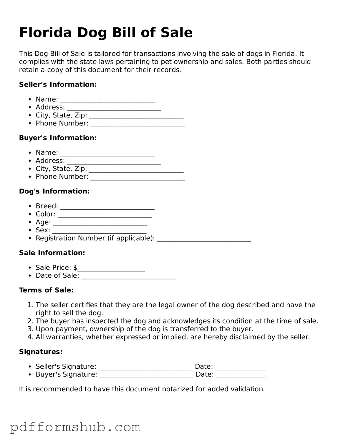 Attorney-Verified Dog Bill of Sale Form for Florida State