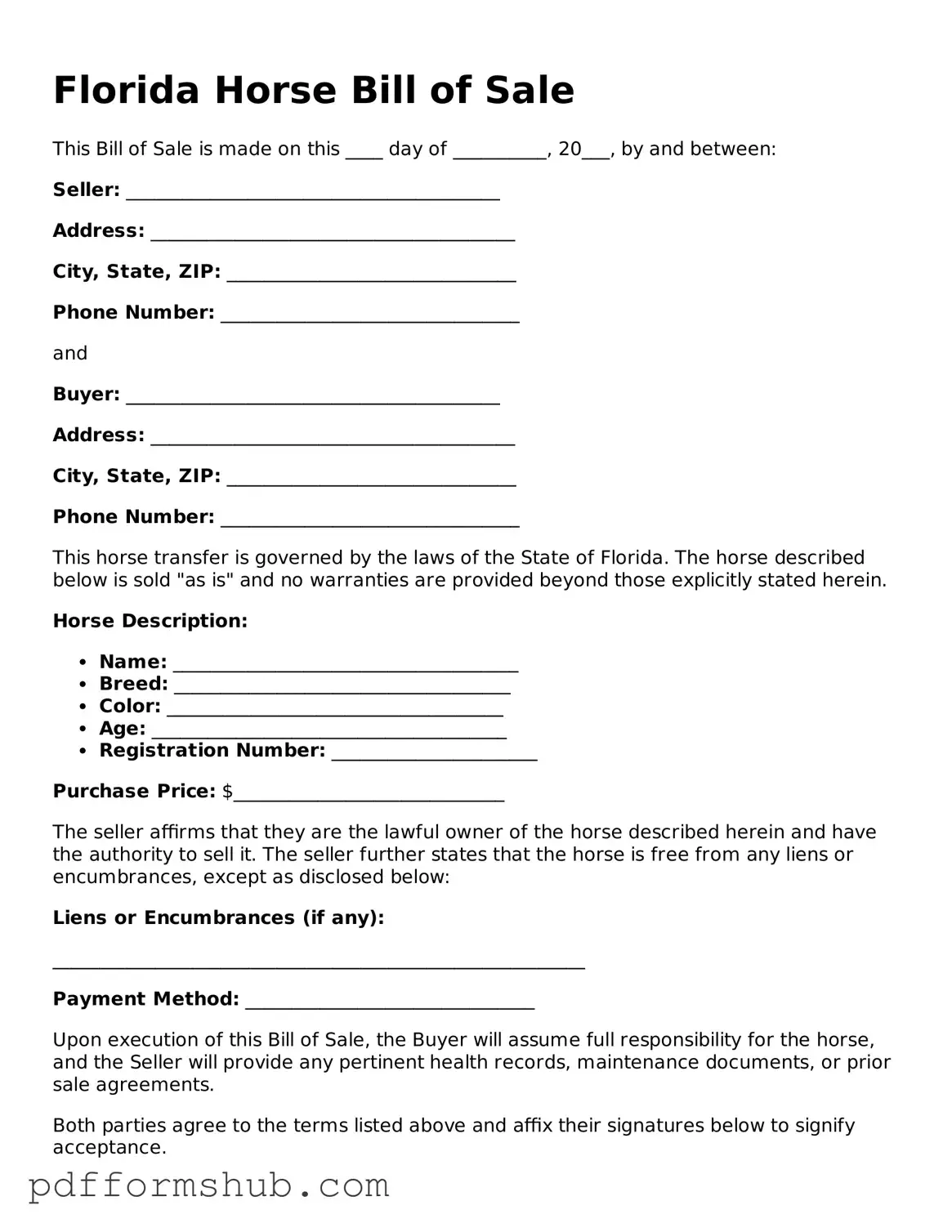 Attorney-Verified Horse Bill of Sale Form for Florida State