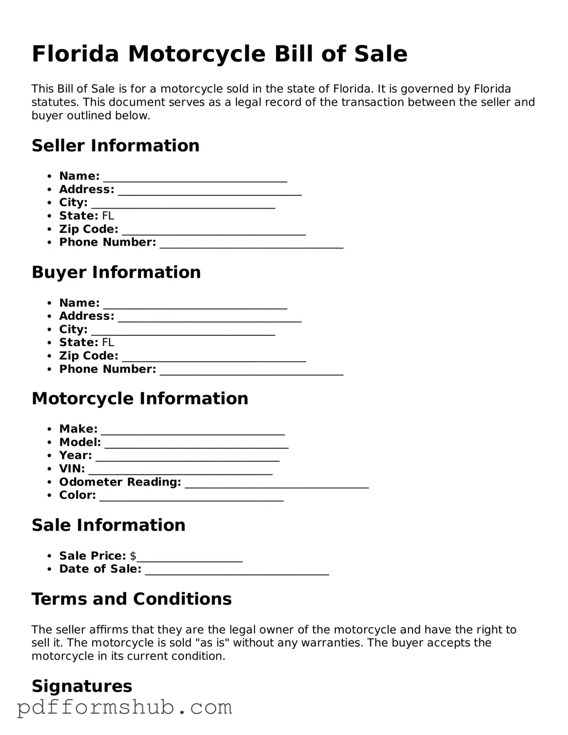 Attorney-Verified Motorcycle Bill of Sale Form for Florida State