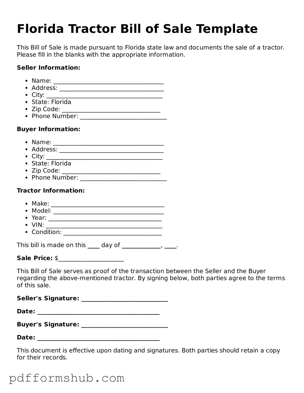 Attorney-Verified Tractor Bill of Sale Form for Florida State