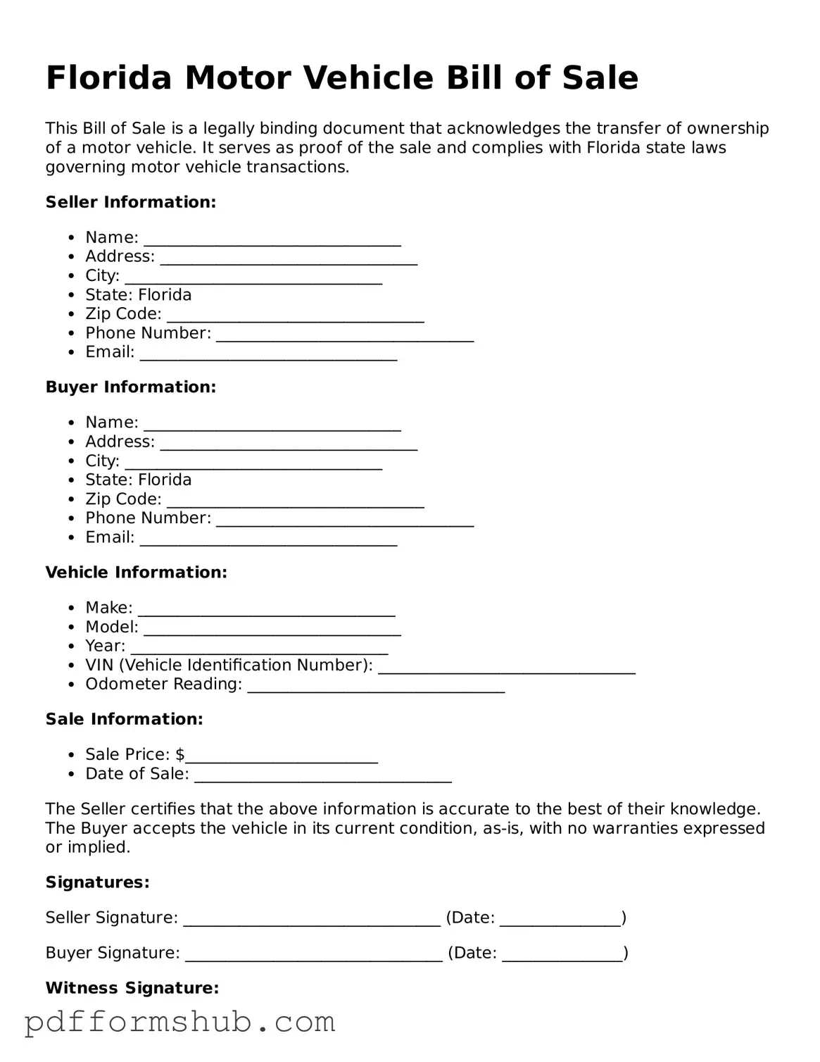 Attorney-Verified Motor Vehicle Bill of Sale Form for Florida State