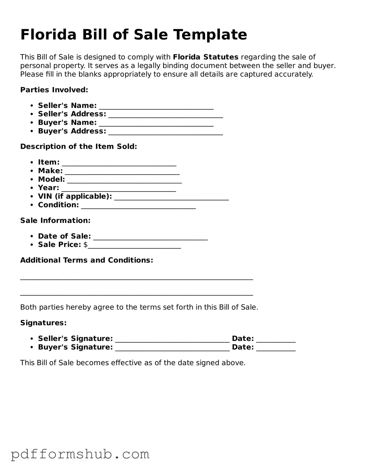 Attorney-Verified Bill of Sale Form for Florida State
