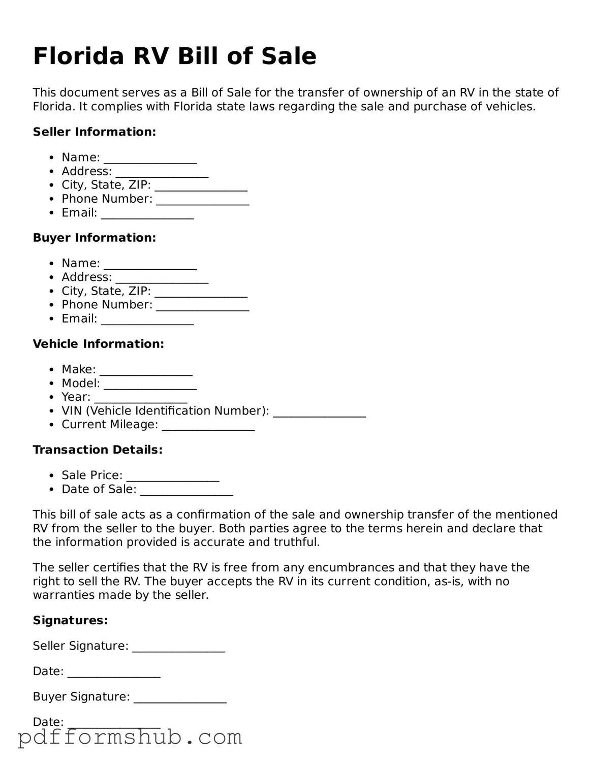Attorney-Verified RV Bill of Sale Form for Florida State