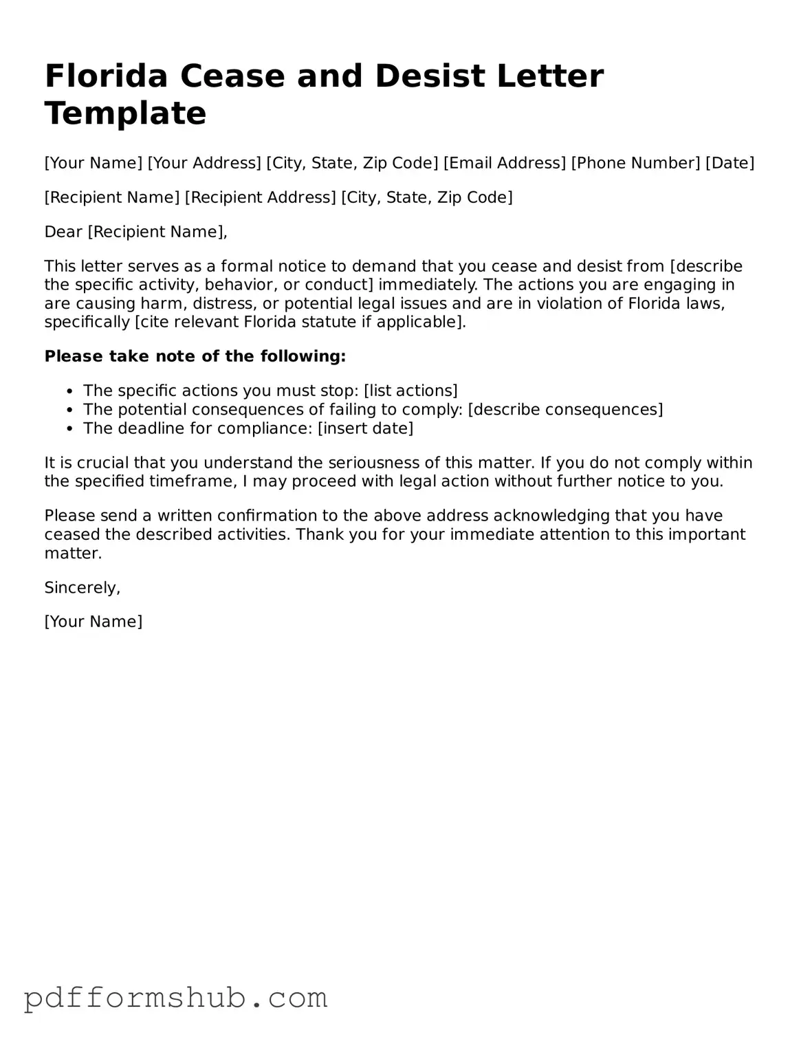Attorney-Verified Cease and Desist Letter Form for Florida State