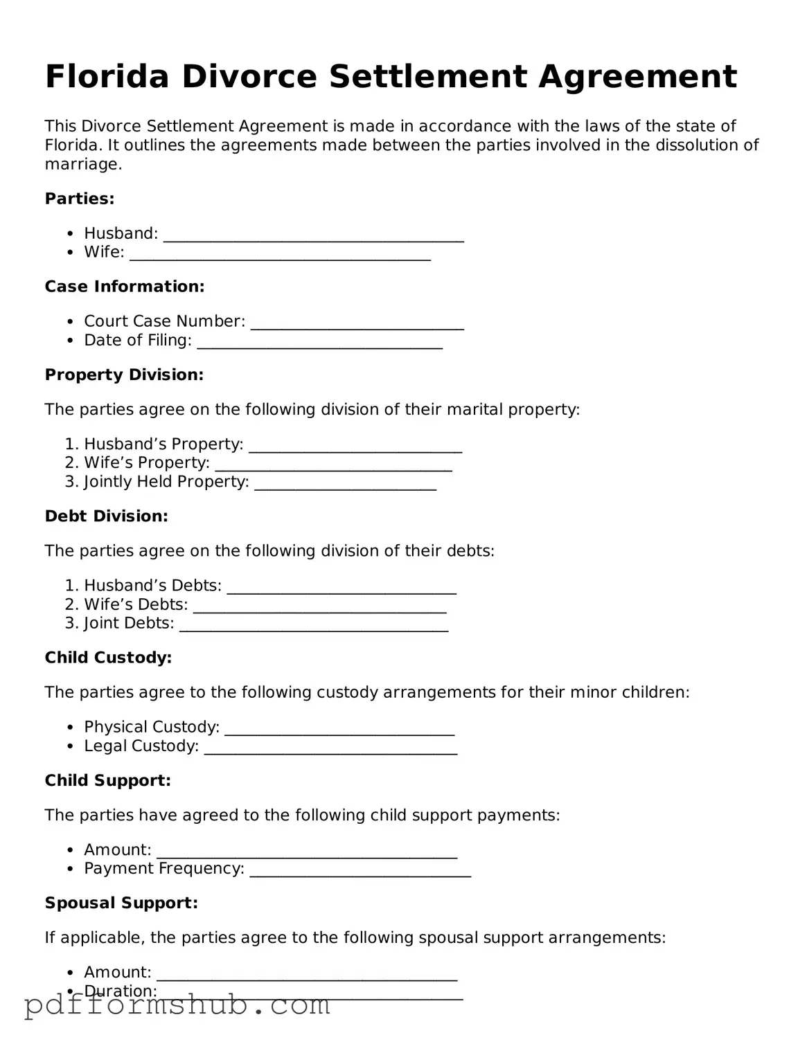 Attorney-Verified Divorce Settlement Agreement Form for Florida State