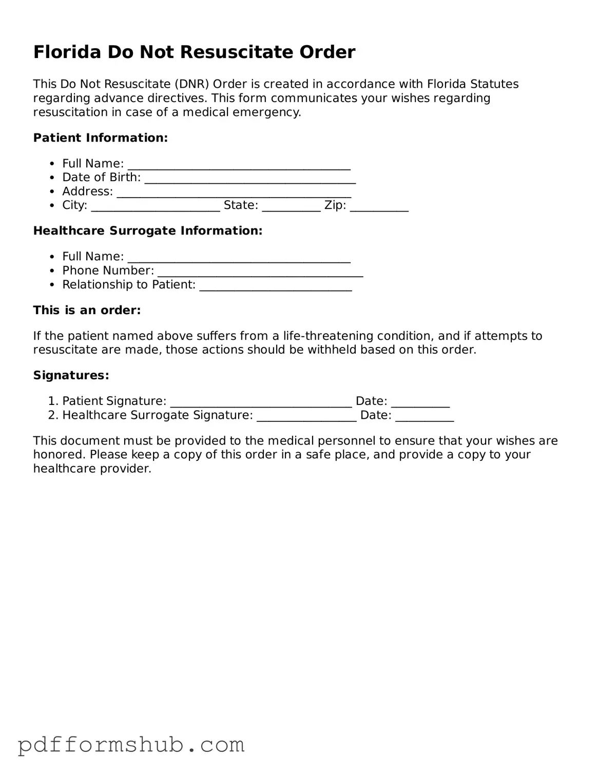 Attorney-Verified Do Not Resuscitate Order Form for Florida State