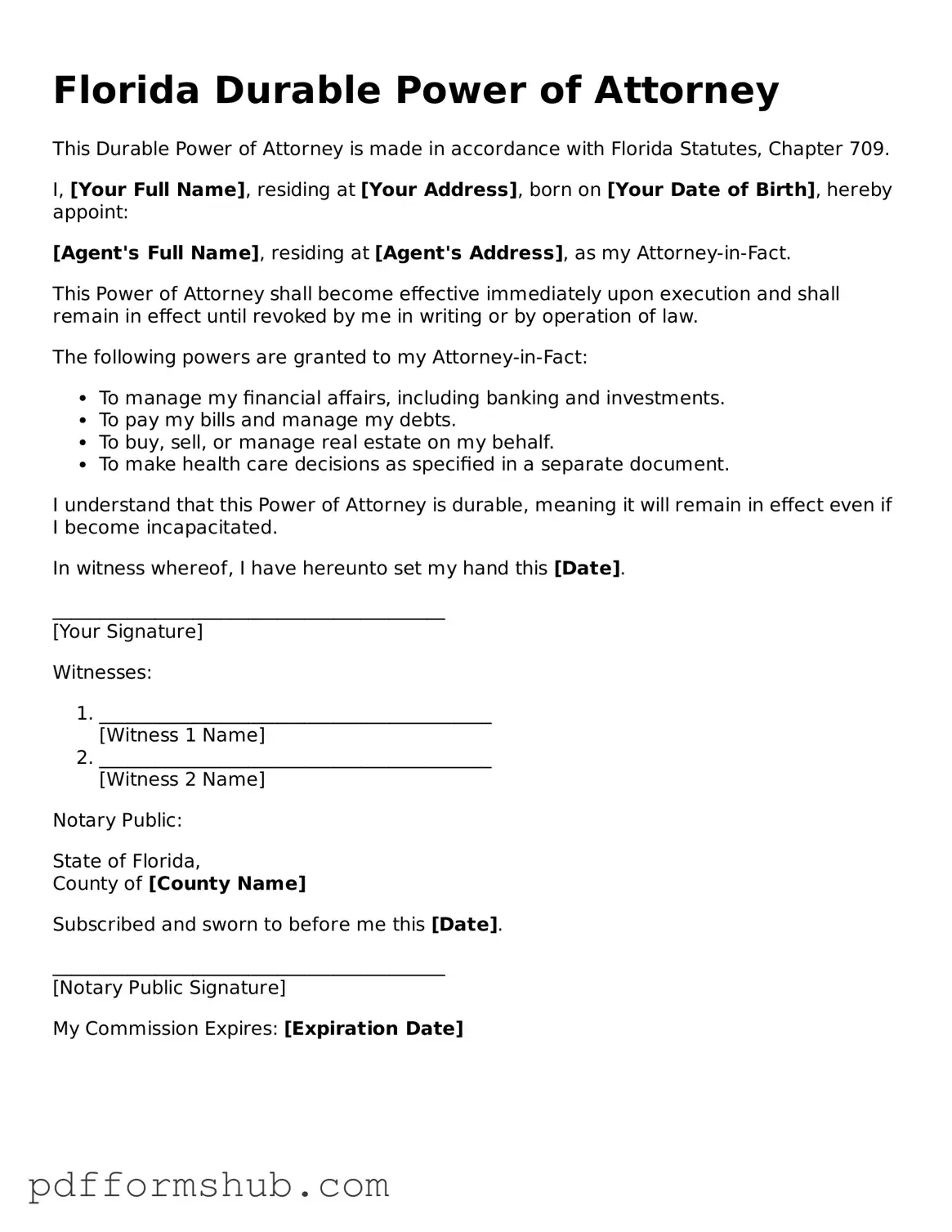 Attorney-Verified Durable Power of Attorney Form for Florida State