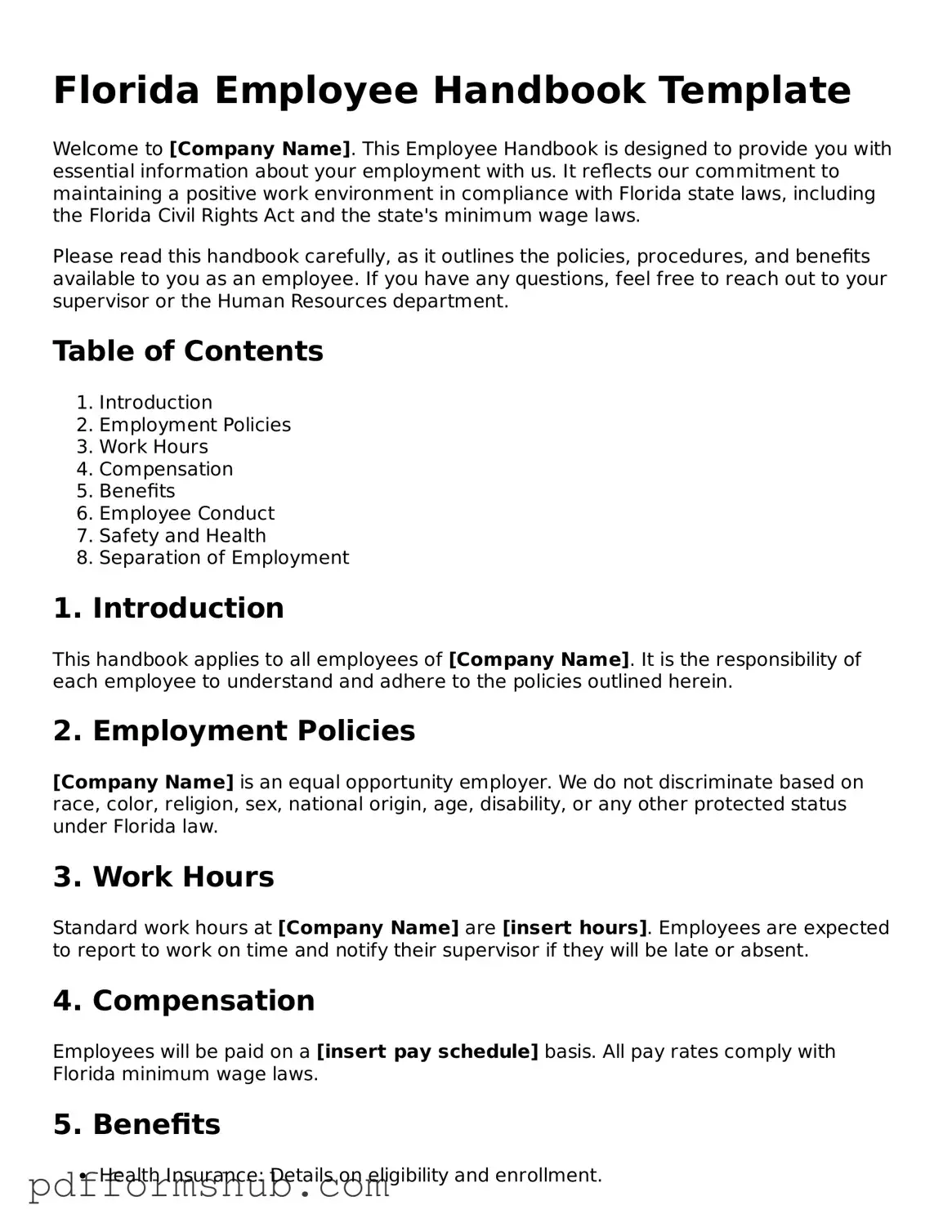 Attorney-Verified Employee Handbook Form for Florida State