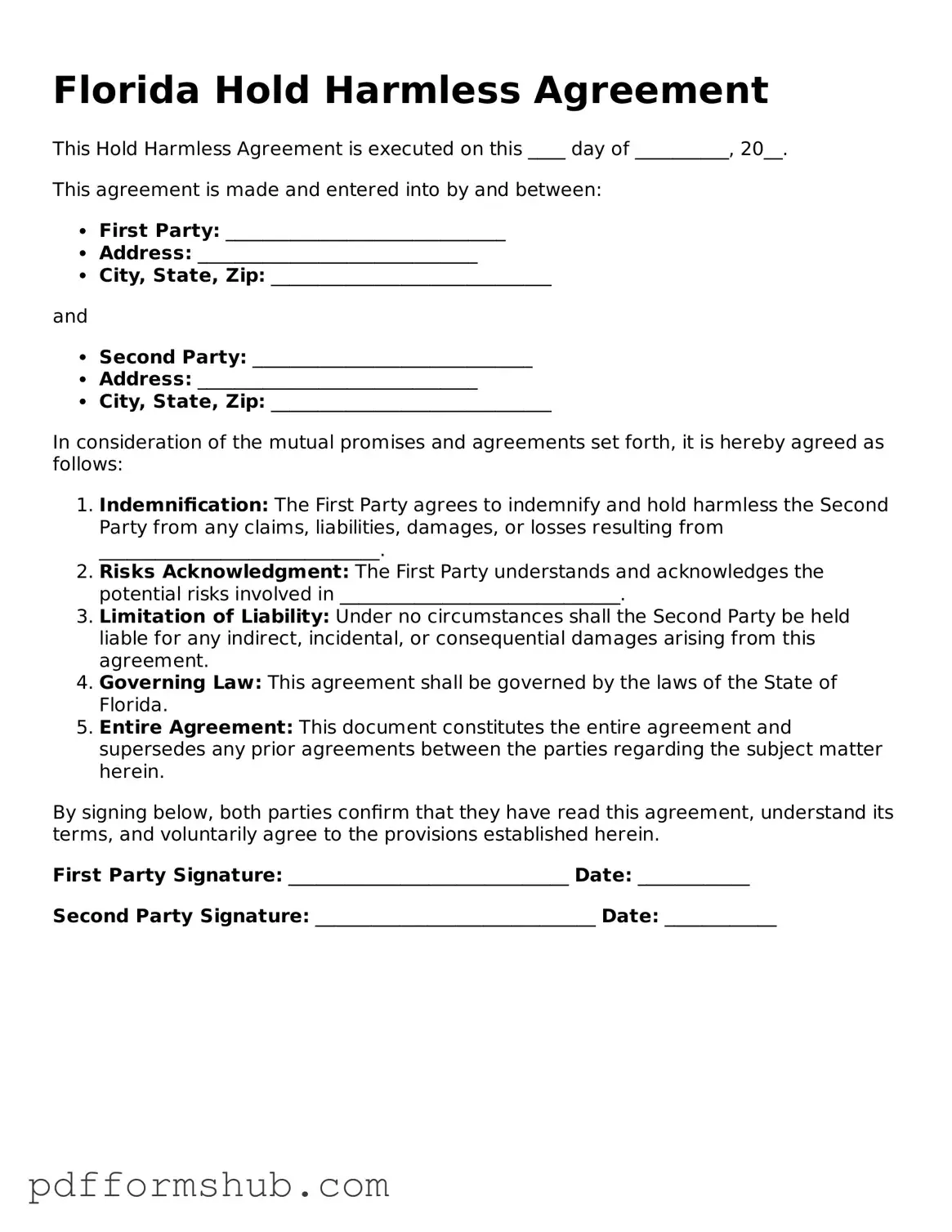 Attorney-Verified Hold Harmless Agreement Form for Florida State