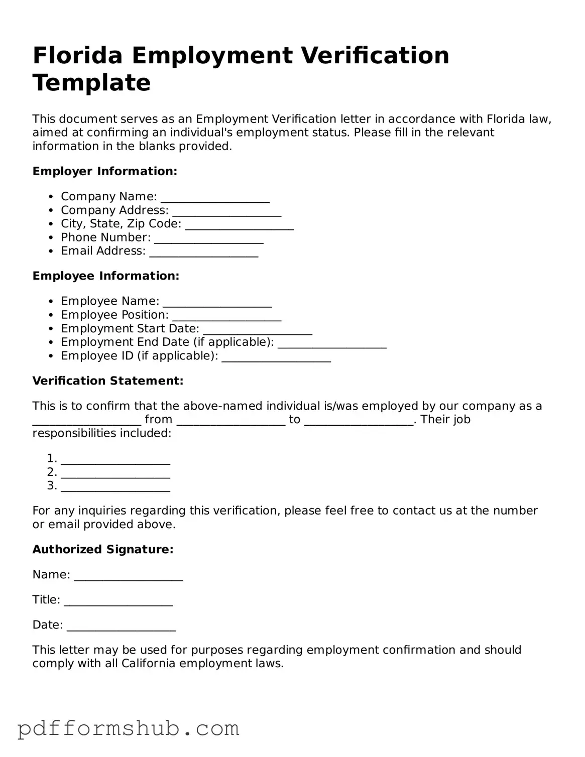 Attorney-Verified Employment Verification Form for Florida State