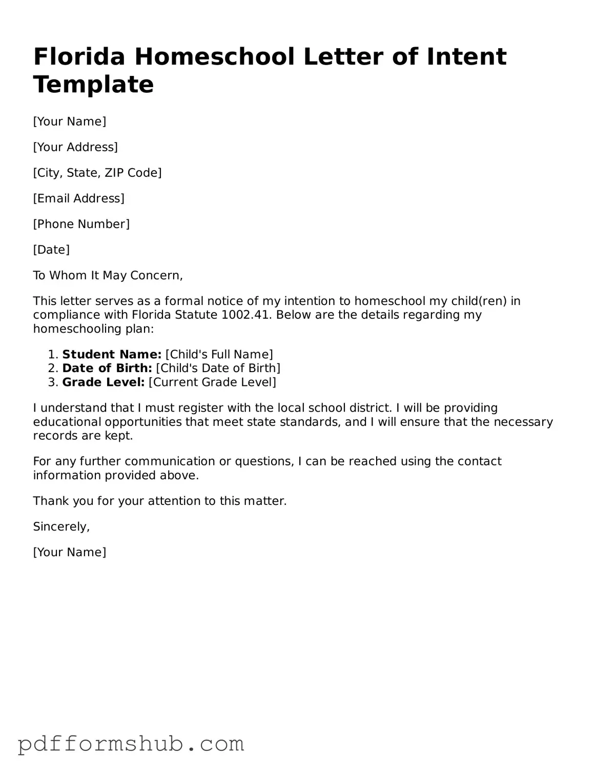 Attorney-Verified Homeschool Letter of Intent Form for Florida State