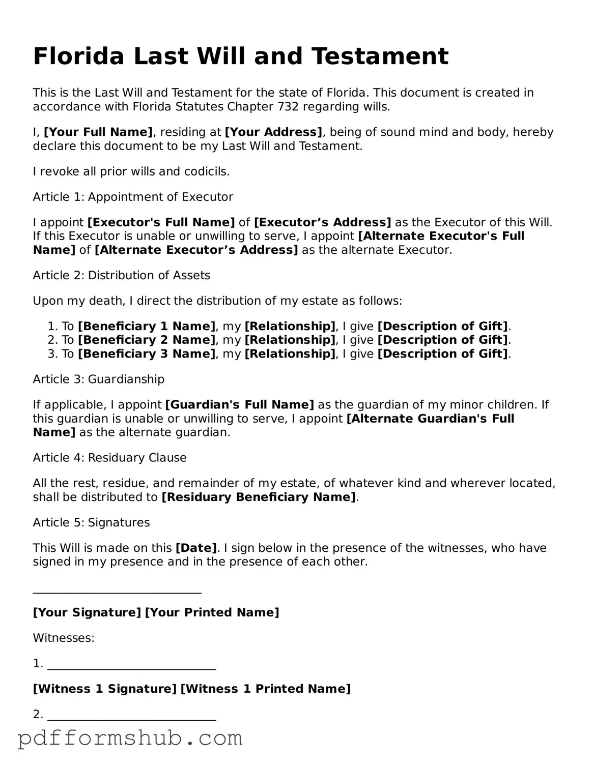 Attorney-Verified Last Will and Testament Form for Florida State
