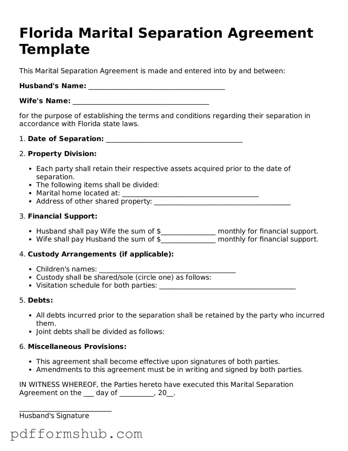 Attorney-Verified Marital Separation Agreement Form for Florida State