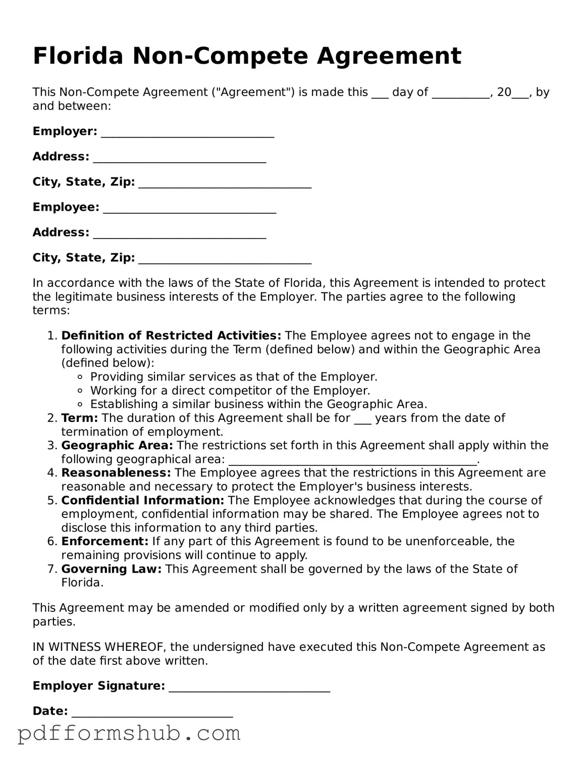 Attorney-Verified Non-compete Agreement Form for Florida State