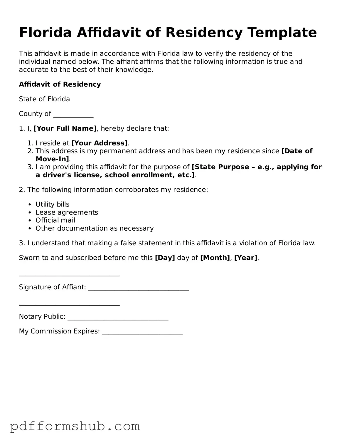 Attorney-Verified Affidavit of Residency Form for Florida State