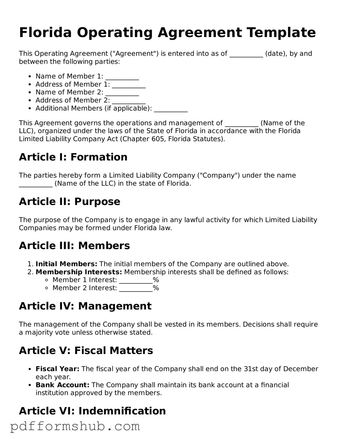 Attorney-Verified Operating Agreement Form for Florida State