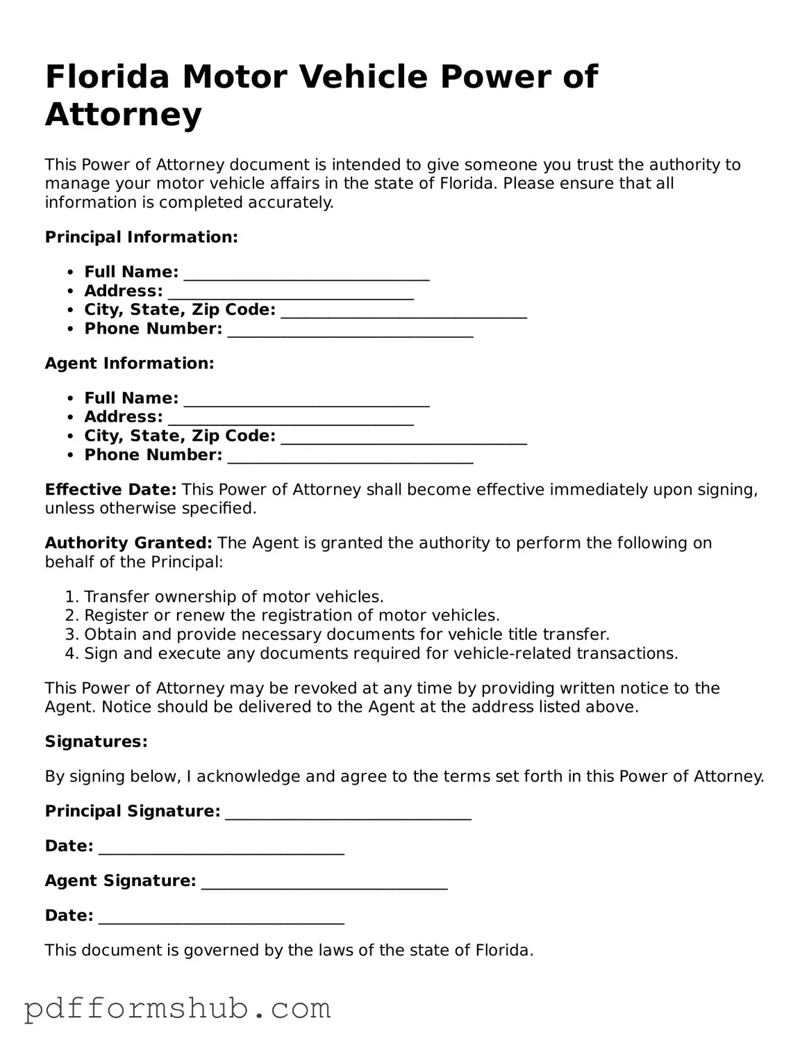 Attorney-Verified Motor Vehicle Power of Attorney Form for Florida State