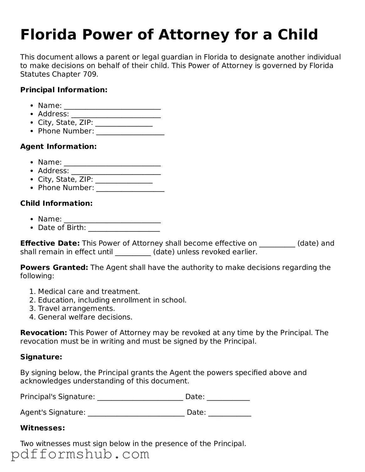 Attorney-Verified Power of Attorney for a Child Form for Florida State