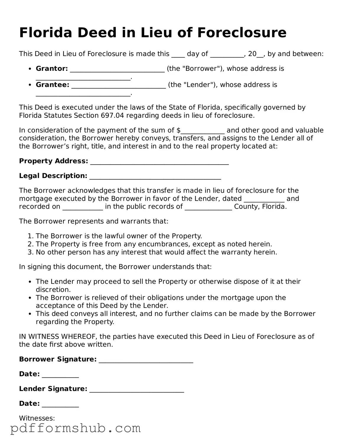 Attorney-Verified Deed in Lieu of Foreclosure Form for Florida State
