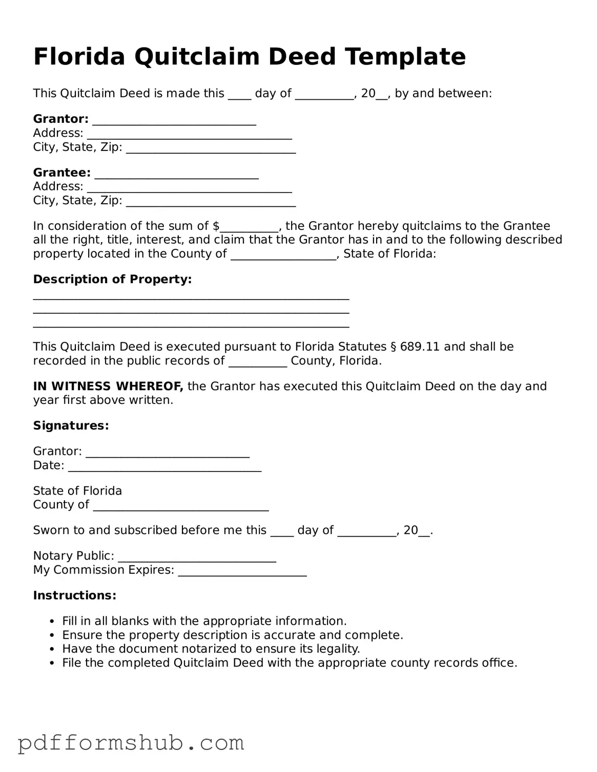 Attorney-Verified Quitclaim Deed Form for Florida State