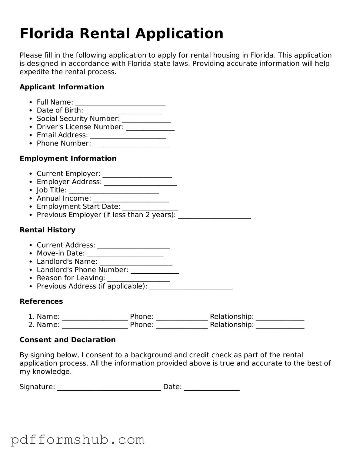 Attorney-Verified Rental Application Form for Florida State