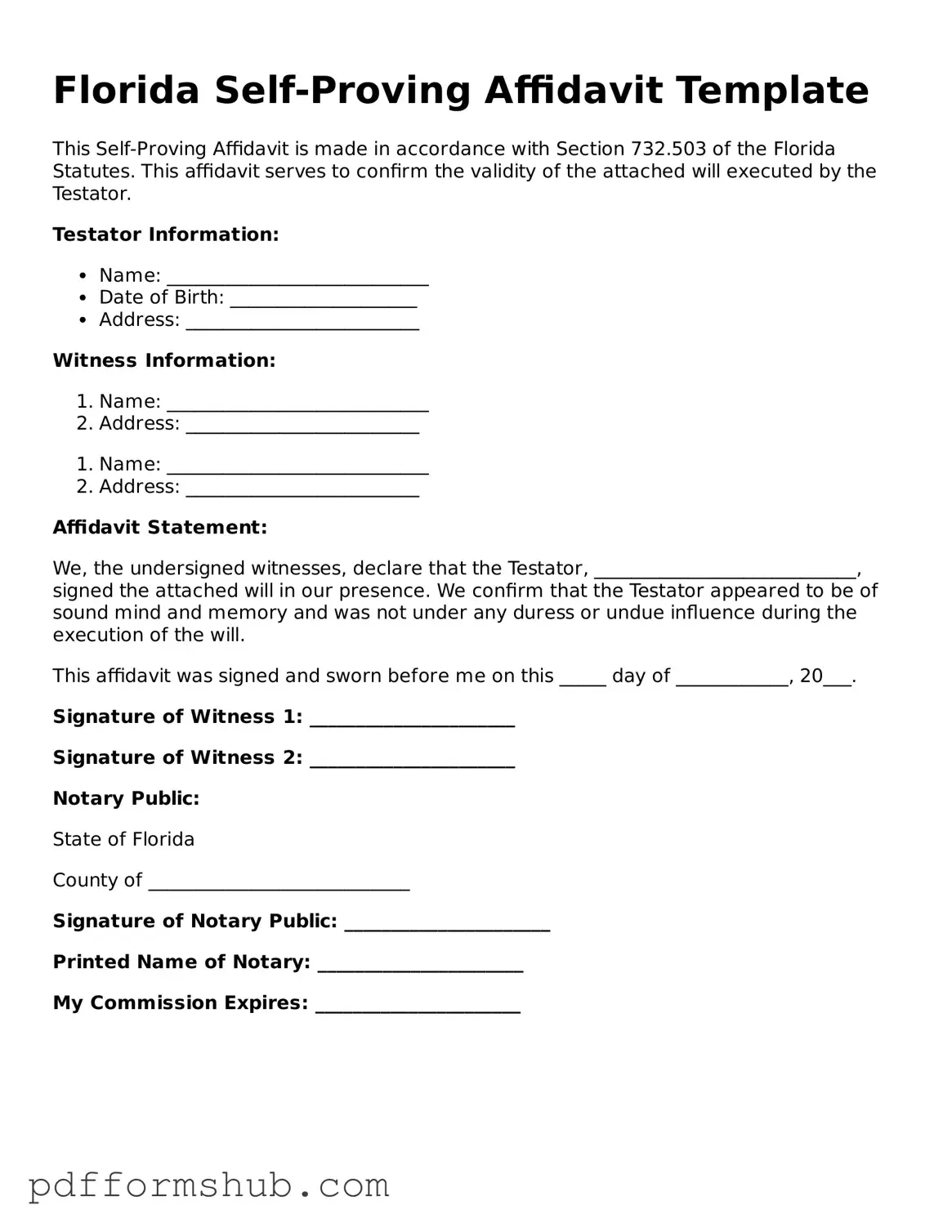 Attorney-Verified Self-Proving Affidavit Form for Florida State