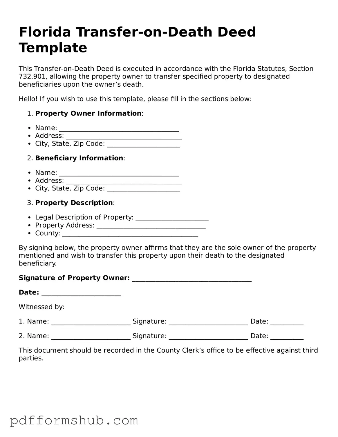 Attorney-Verified Transfer-on-Death Deed Form for Florida State