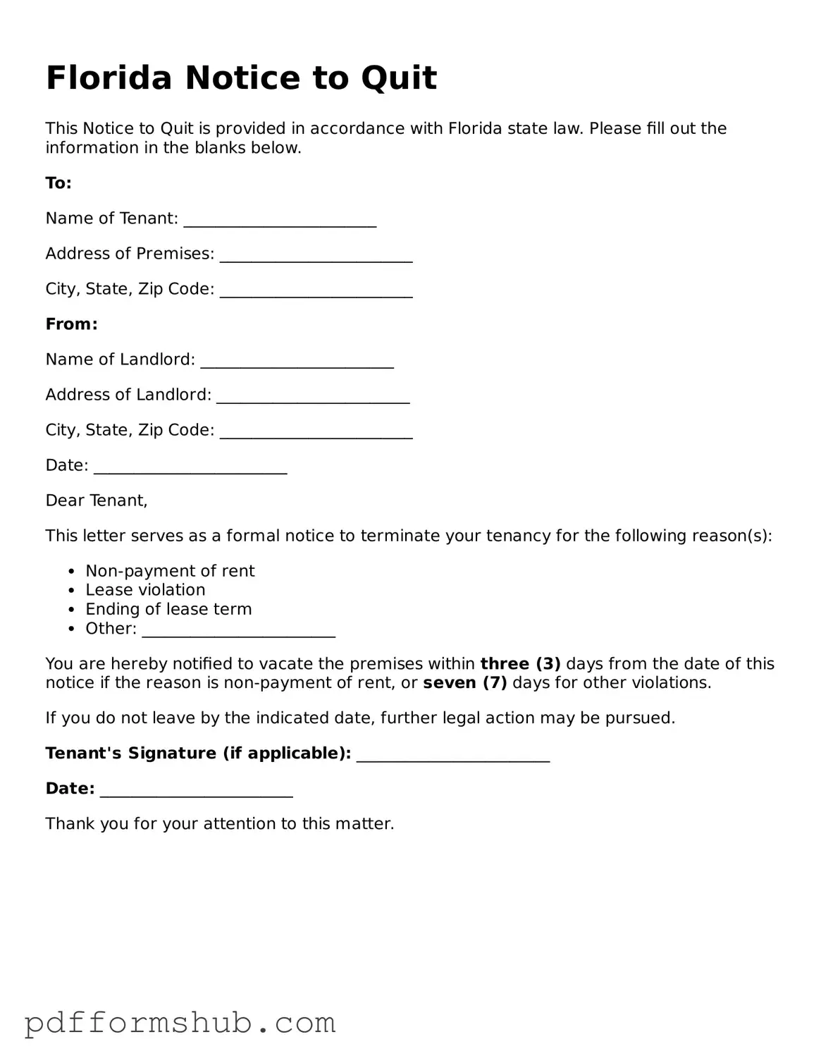 Attorney-Verified Notice to Quit Form for Florida State