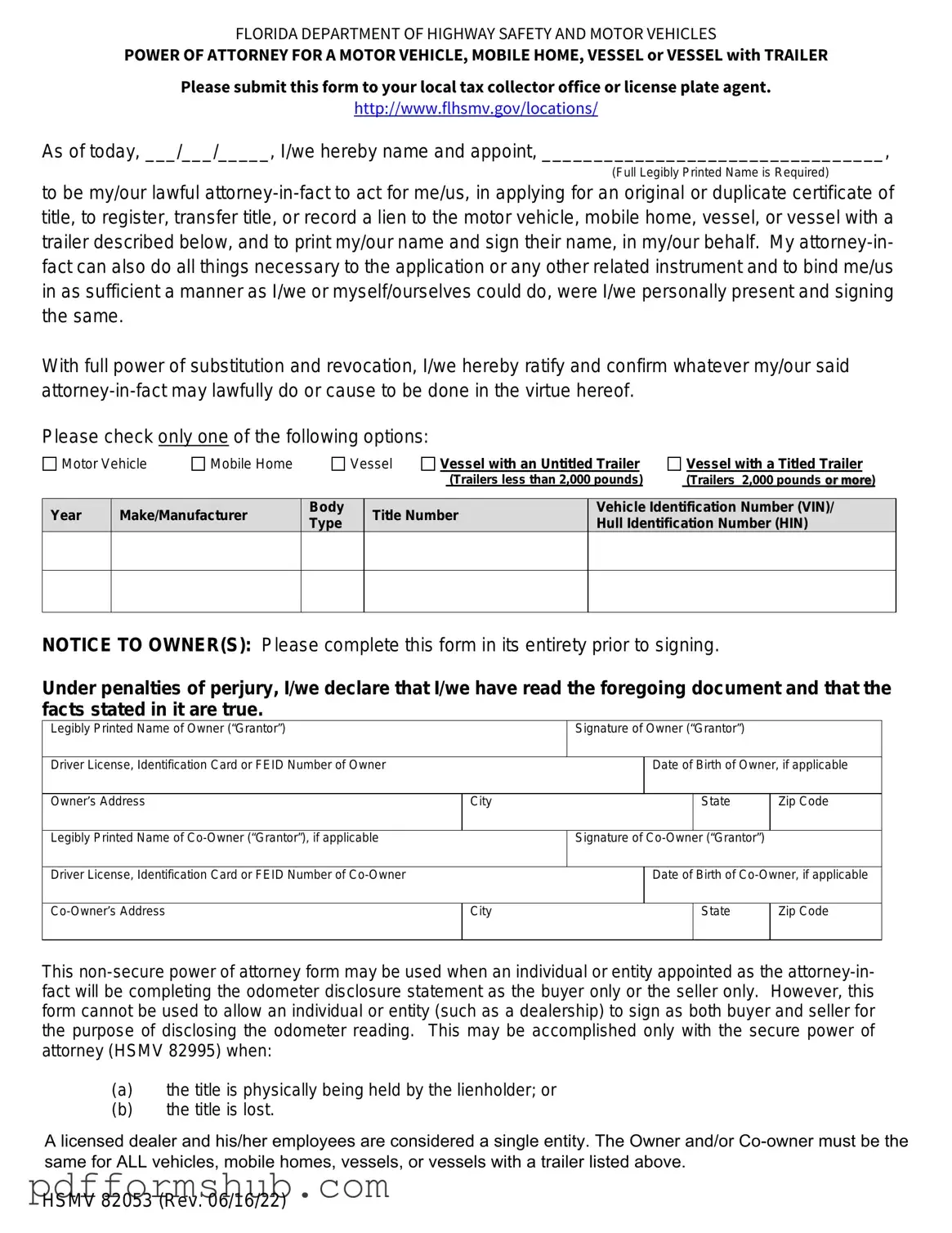 Fill in Your Florida Vehicle POA form 82053 Form