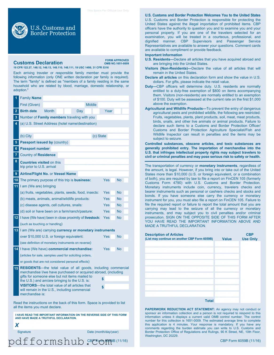 Fill in Your CBP 6059B Form