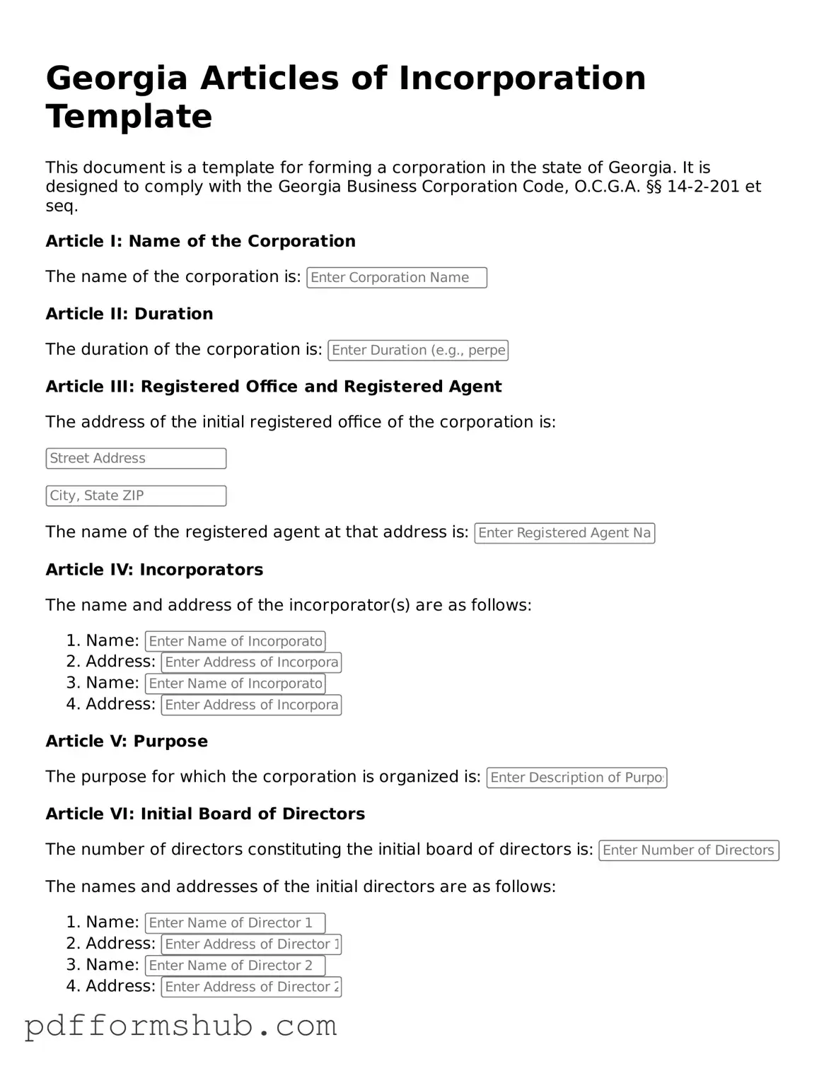 Attorney-Verified Articles of Incorporation Form for Georgia State