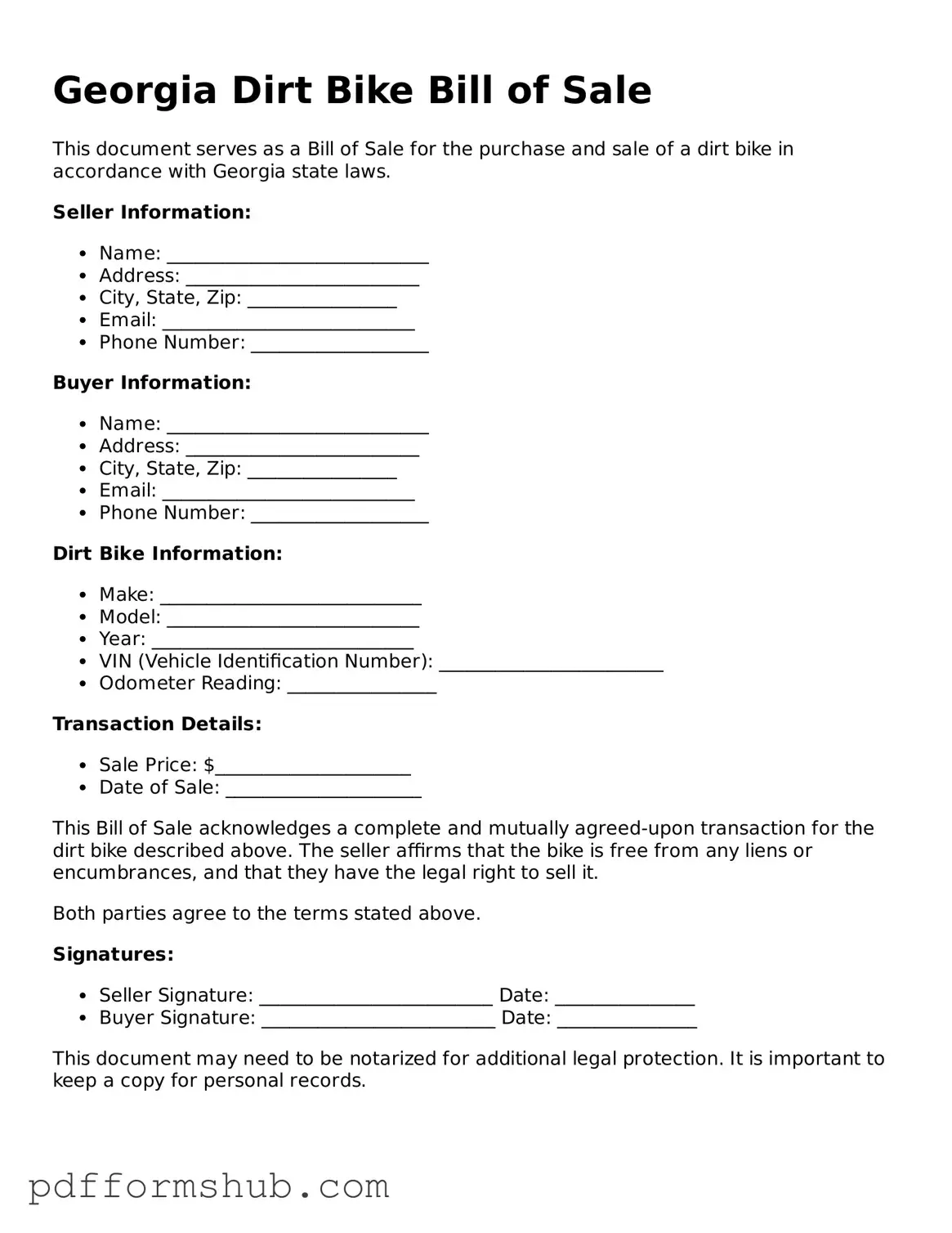 Attorney-Verified Dirt Bike Bill of Sale Form for Georgia State
