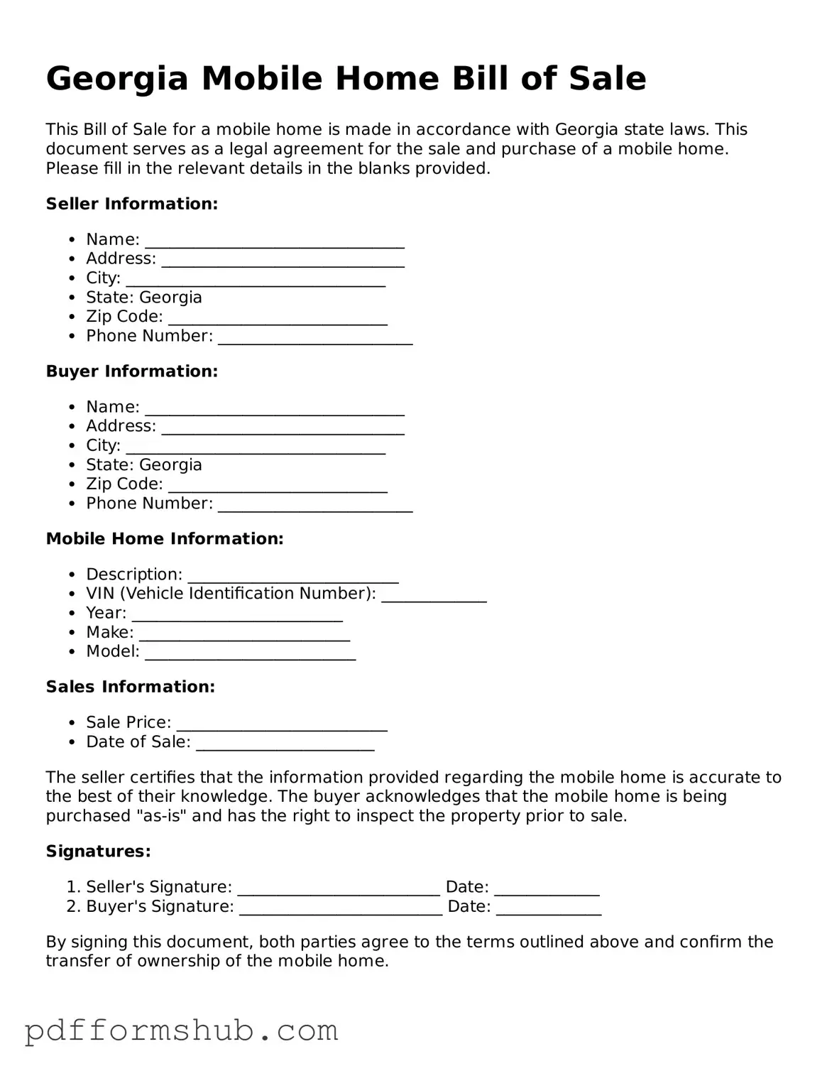 Attorney-Verified Mobile Home Bill of Sale Form for Georgia State