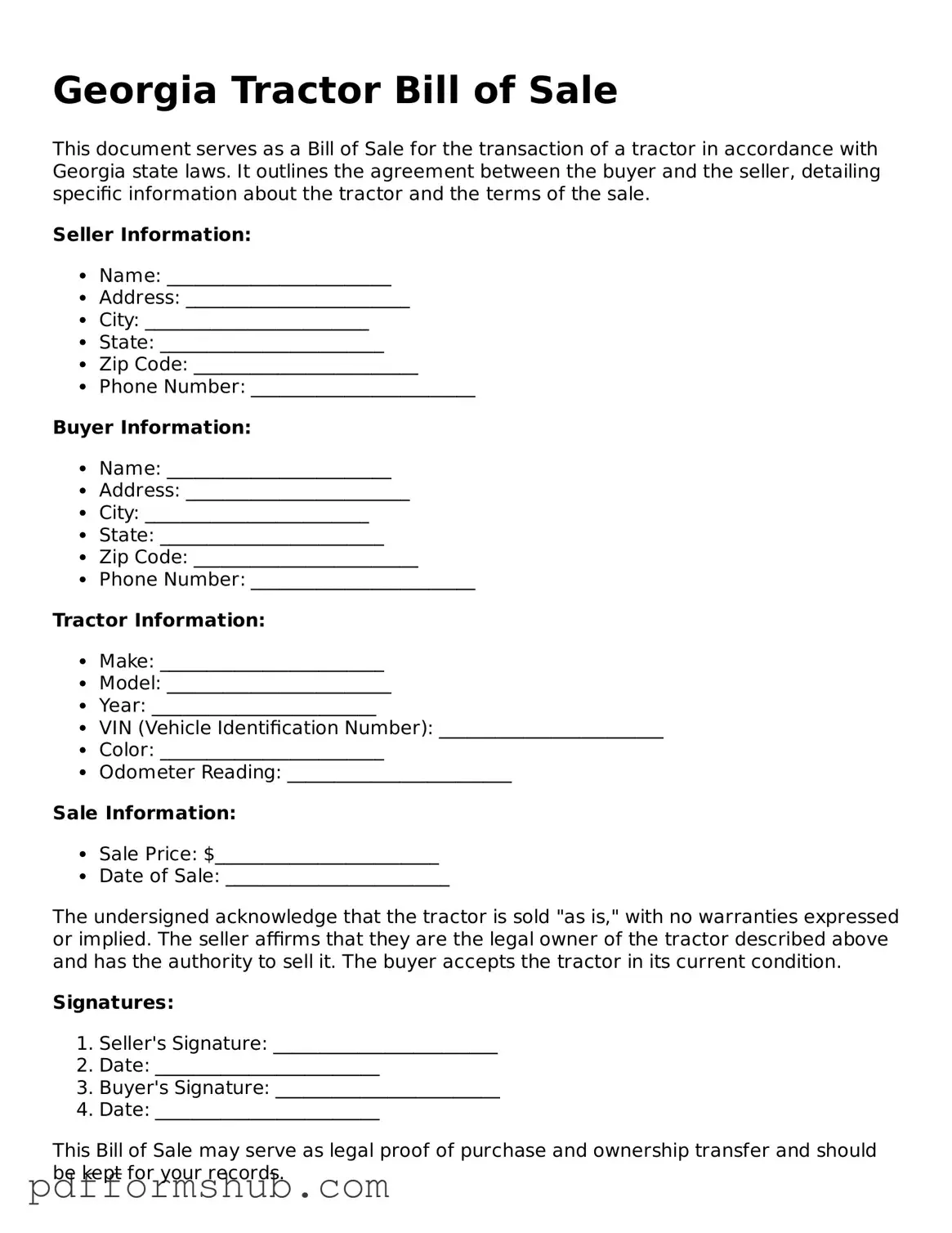 Attorney-Verified Tractor Bill of Sale Form for Georgia State