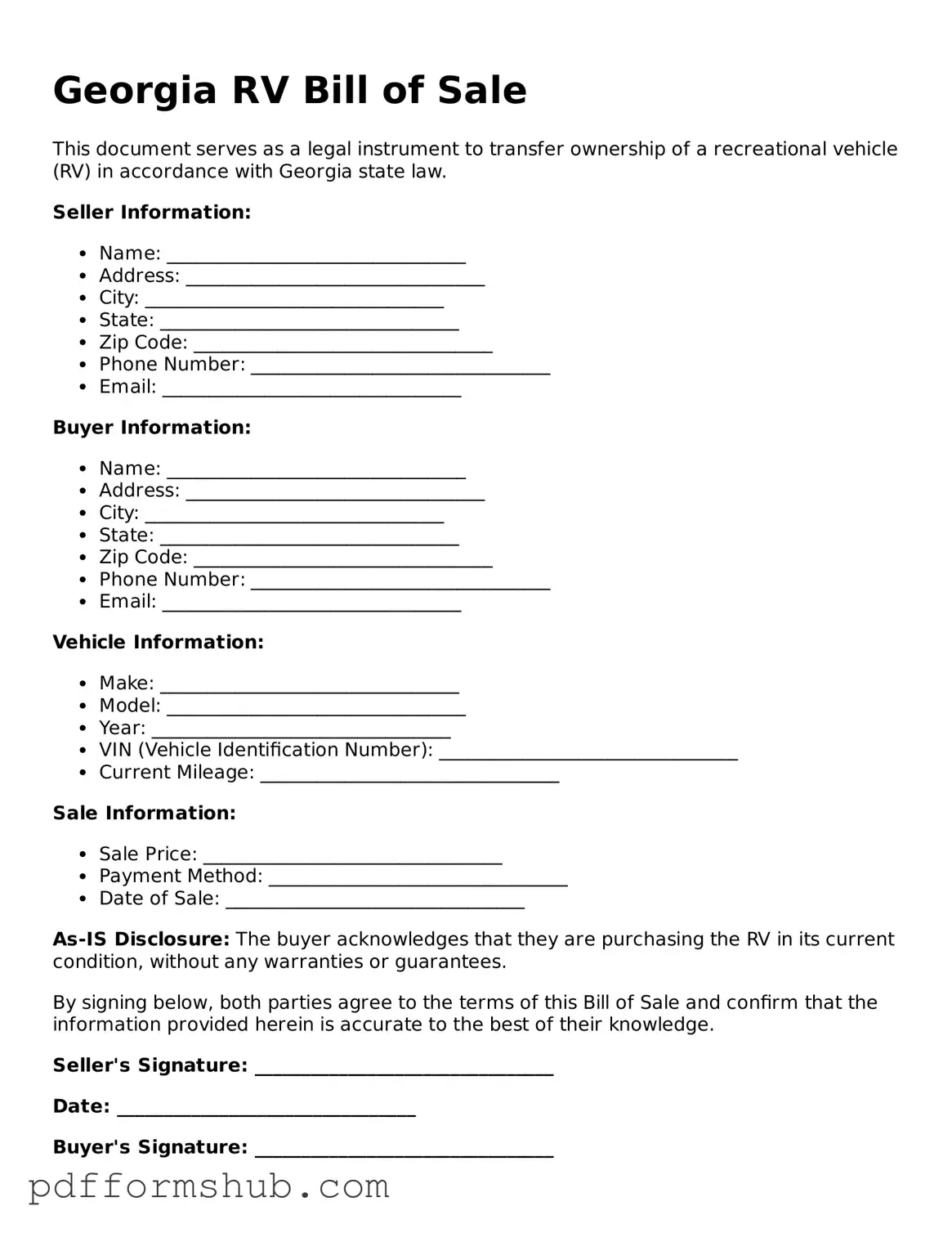 Attorney-Verified RV Bill of Sale Form for Georgia State