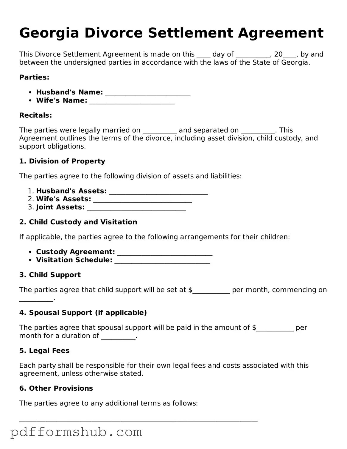 Attorney-Verified Divorce Settlement Agreement Form for Georgia State