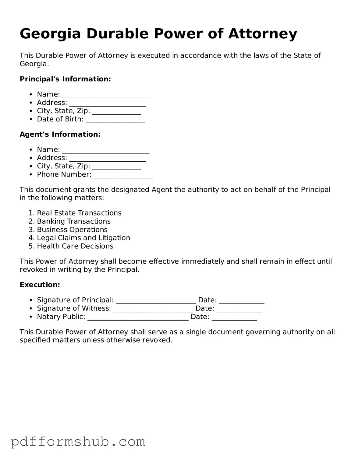 Attorney-Verified Durable Power of Attorney Form for Georgia State