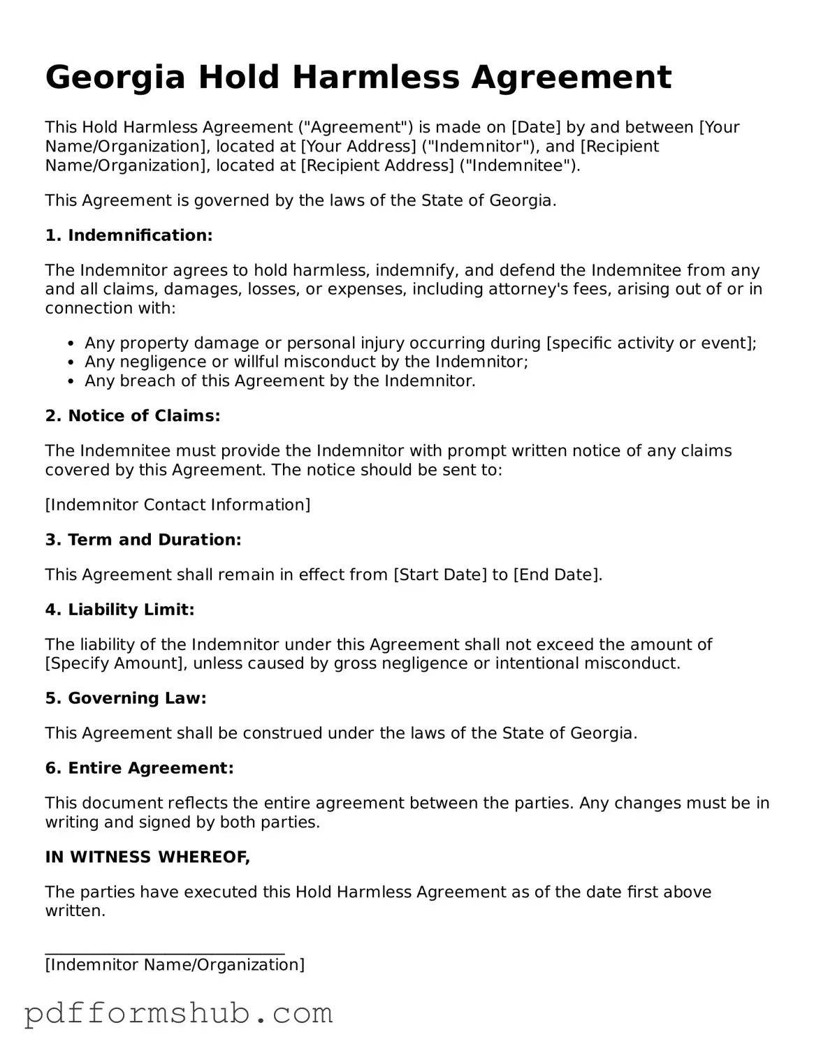 Attorney-Verified Hold Harmless Agreement Form for Georgia State