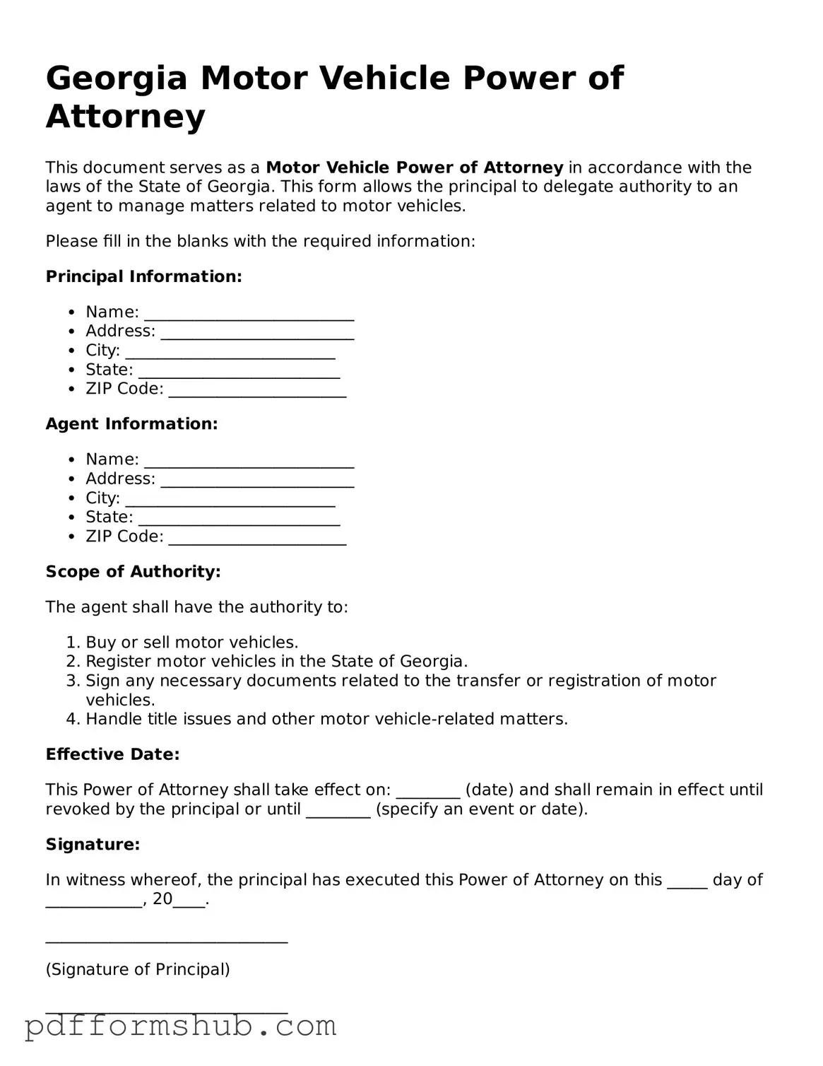Attorney-Verified Motor Vehicle Power of Attorney Form for Georgia State