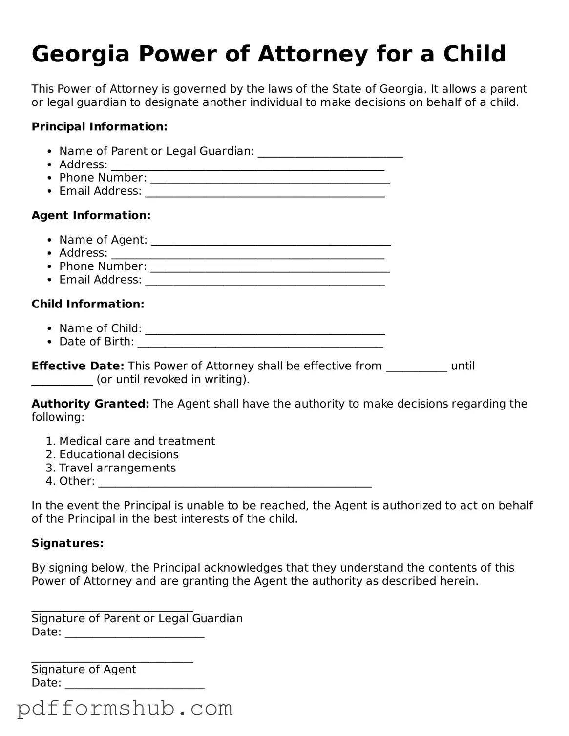 Attorney-Verified Power of Attorney for a Child Form for Georgia State