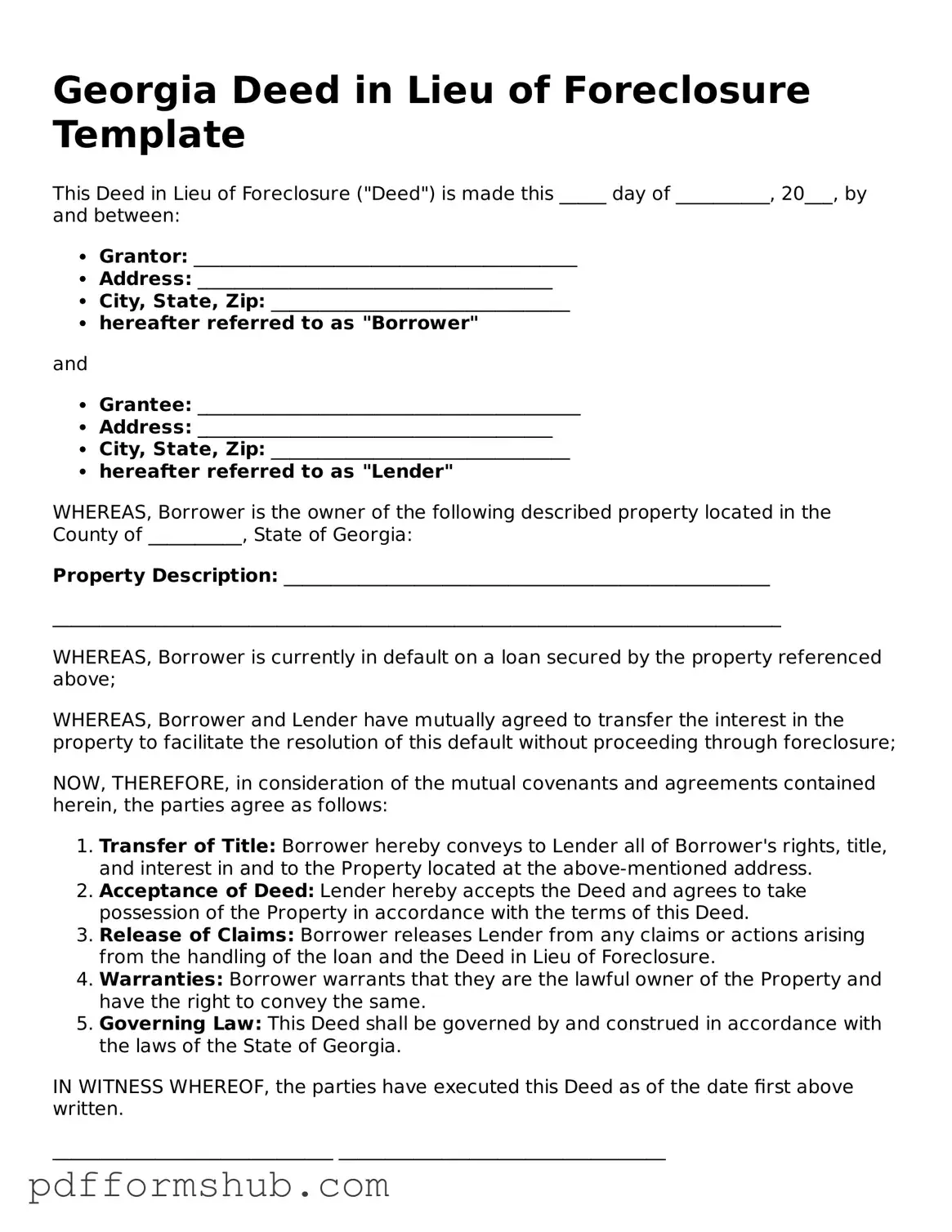 Attorney-Verified Deed in Lieu of Foreclosure Form for Georgia State