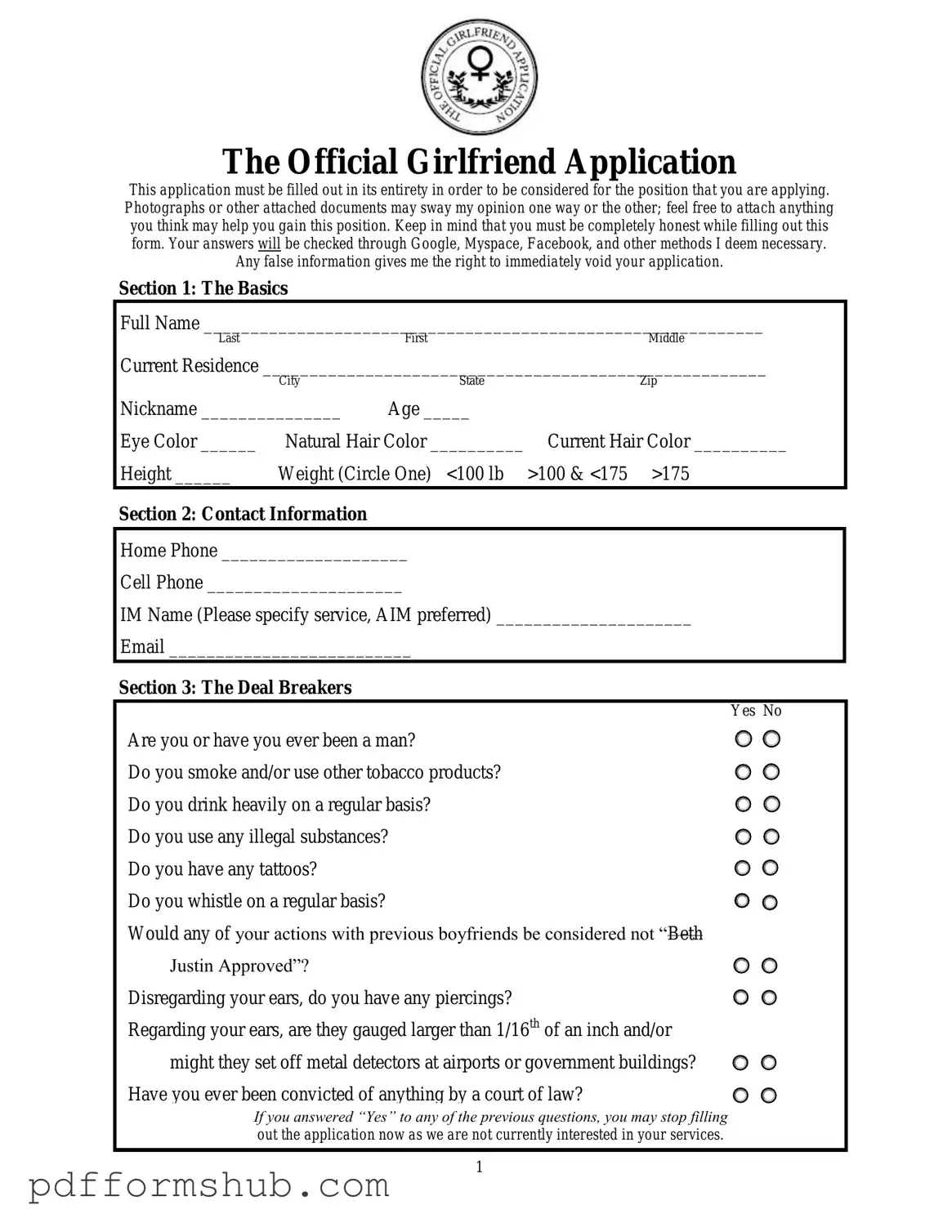 Fill in Your Girlfriend Application Form