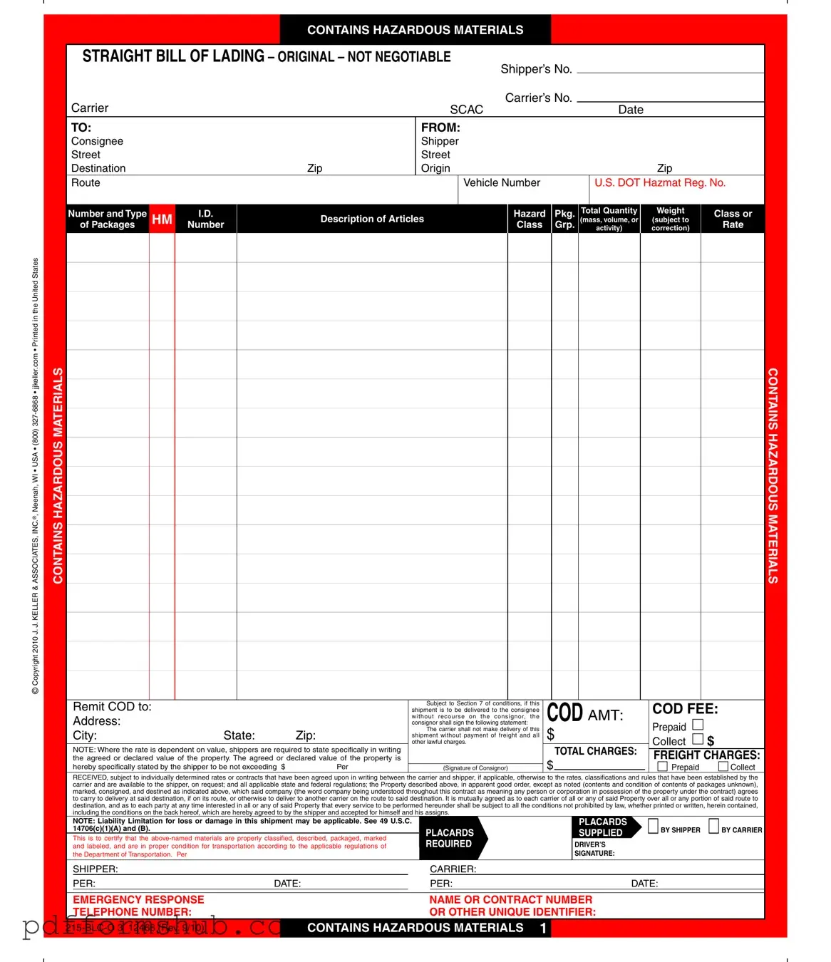 Fill in Your Hazard Bill Of Ladden Form
