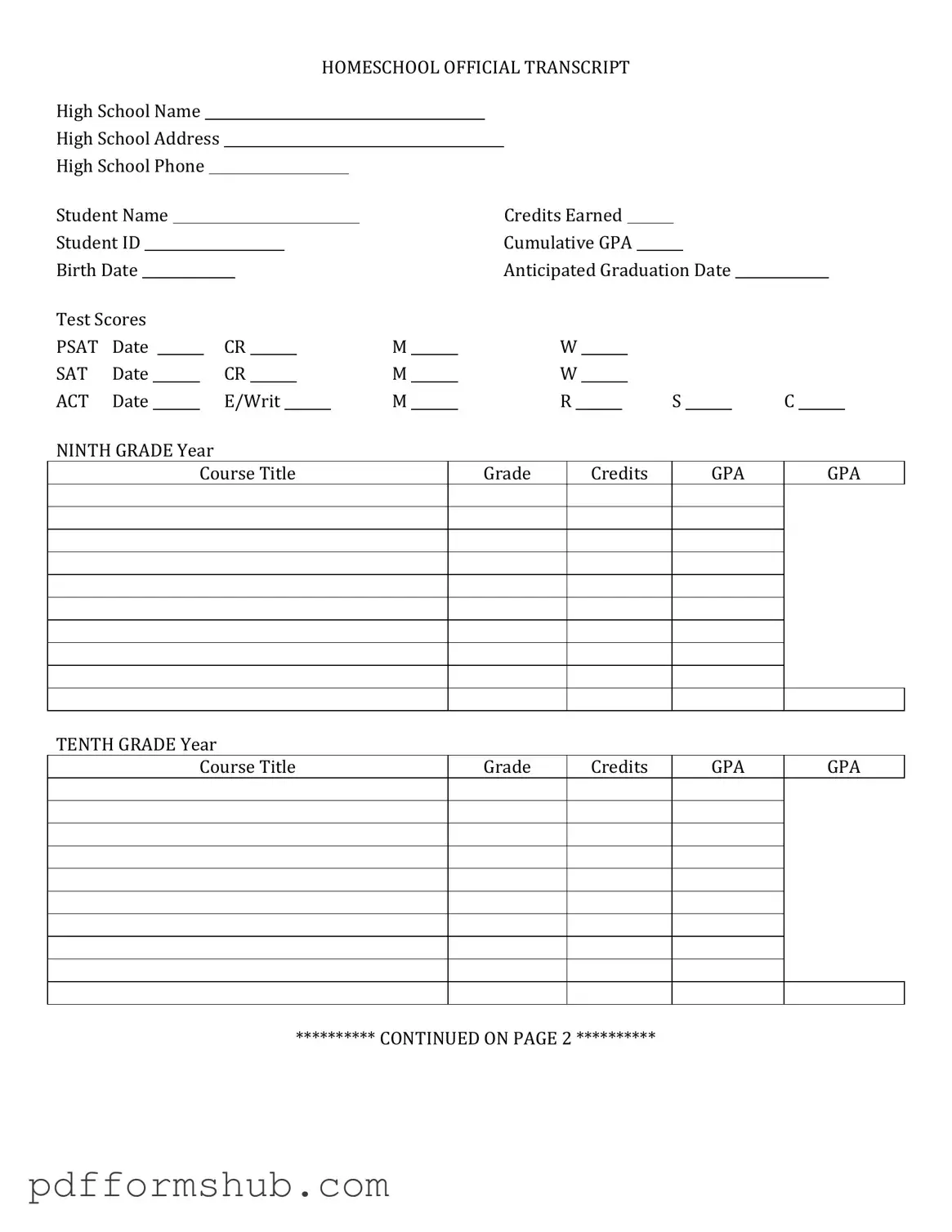Fill in Your High School Transcript Form